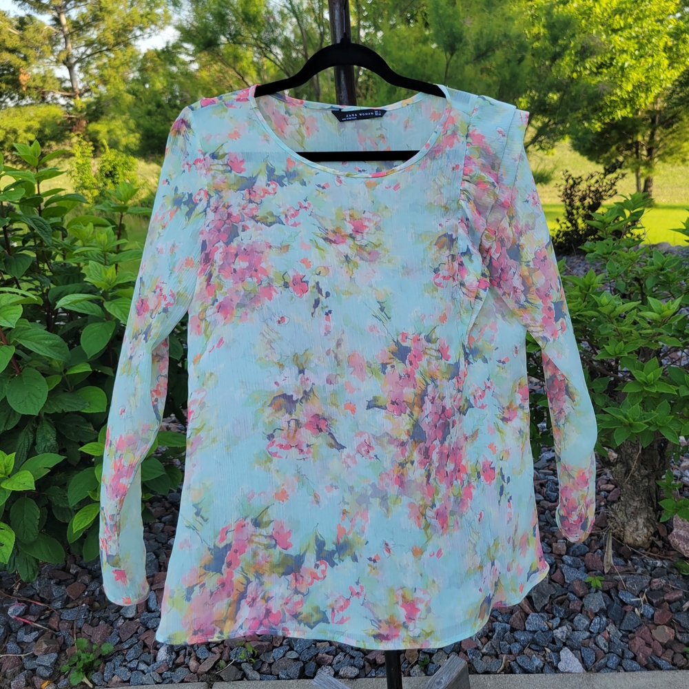 Zara Unilateral Ruffle Shoulder Sheer Light Blue Floral Blouse Size LARGE
